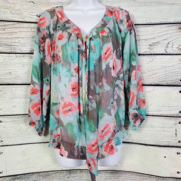 Zac & Rachel Women’s Floral Sheer Blouse Tie Neck Long Sleeve L - Picture 1 of 7